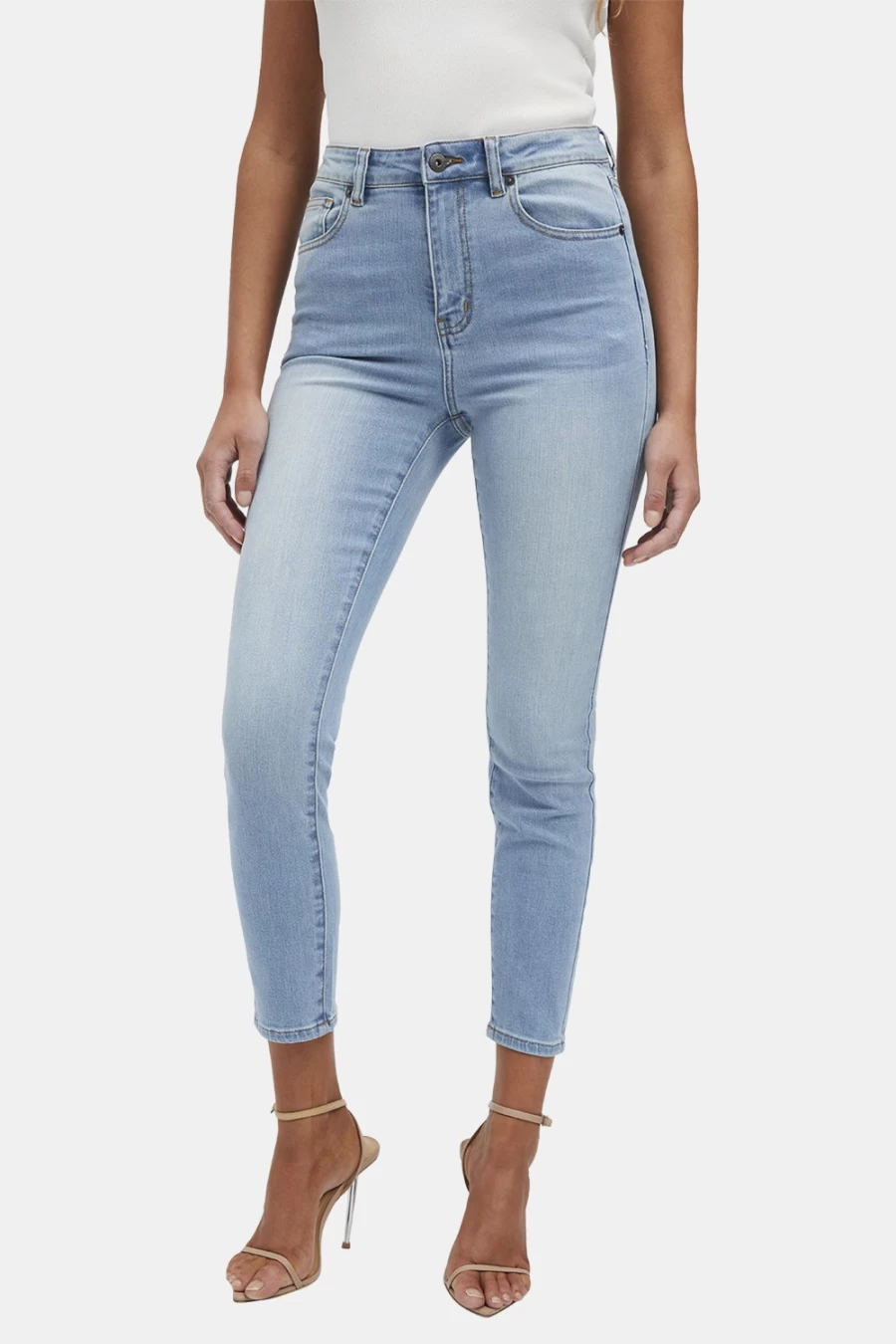 Bardot Women's Khloe Hi Crop Jeans in Light Denim - High Waisted Slim Fit Ankle Length