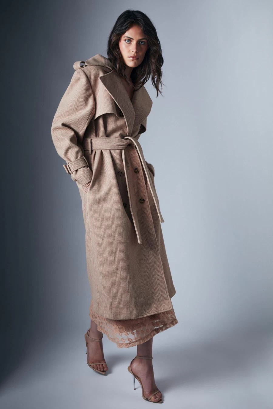 Bardot Women's Oversized Herringbone Trench Coat - Elegant Longline Outerwear