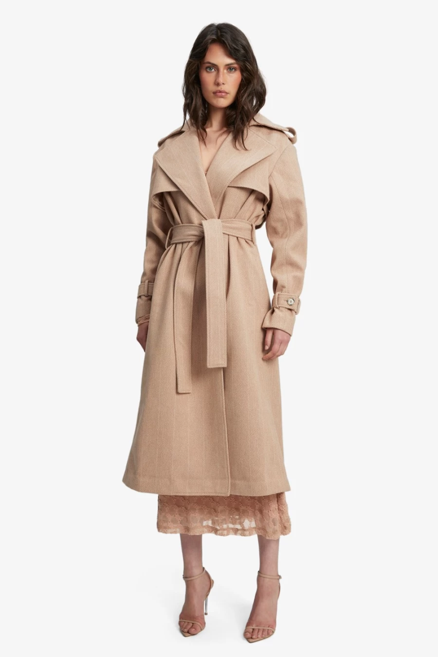 Bardot Women's Oversized Herringbone Trench Coat - Elegant Longline Outerwear