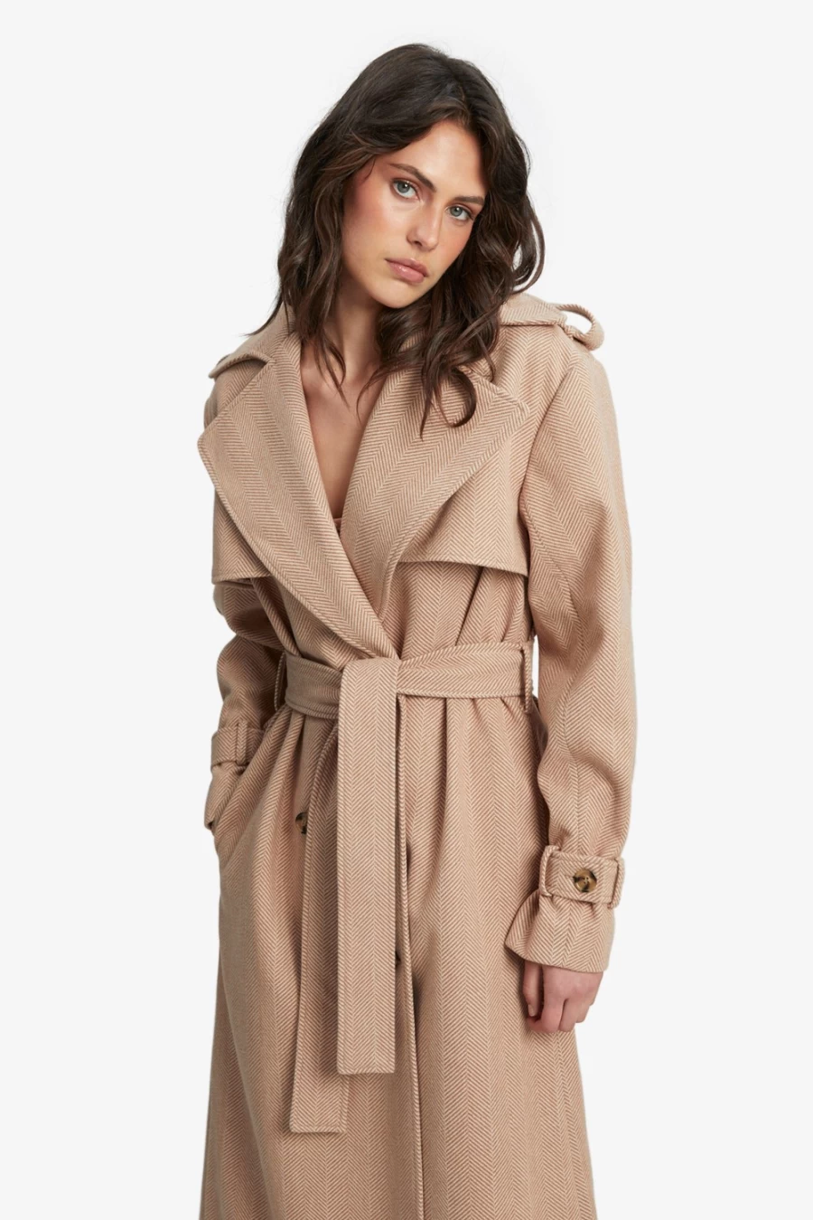 Bardot Women's Oversized Herringbone Trench Coat - Elegant Longline Outerwear