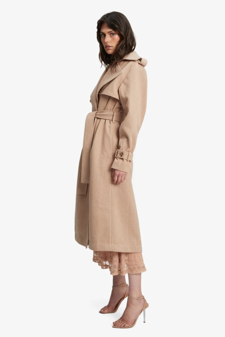Bardot Women's Oversized Herringbone Trench Coat - Elegant Longline Outerwear