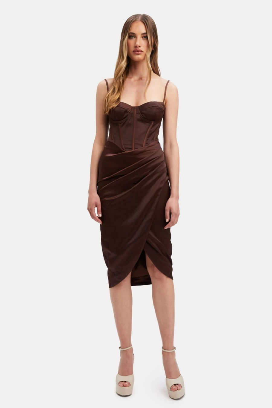 Bardot Women's Luminary Midi Corset Dress in Chocolate - Elegant Tapered Waist Style