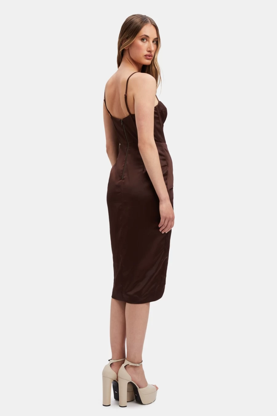 Bardot Women's Luminary Midi Corset Dress in Chocolate - Elegant Tapered Waist Style