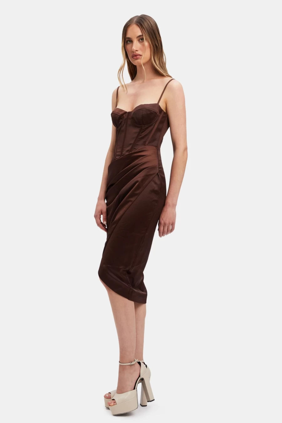 Bardot Women's Luminary Midi Corset Dress in Chocolate - Elegant Tapered Waist Style